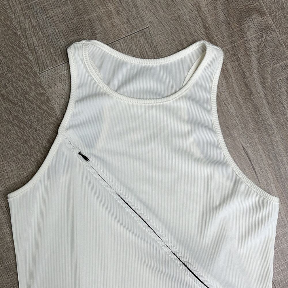 Cream Ribbed Diagonal Zip Front Detail Tank Top Women’s Size Small - Picture 6 of 6